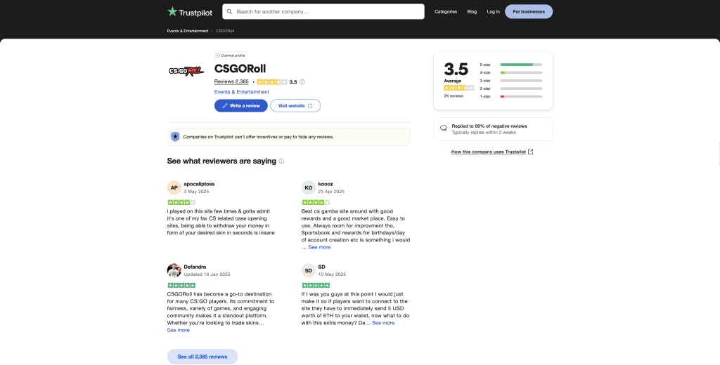 CSGORoll Review TrustPilot